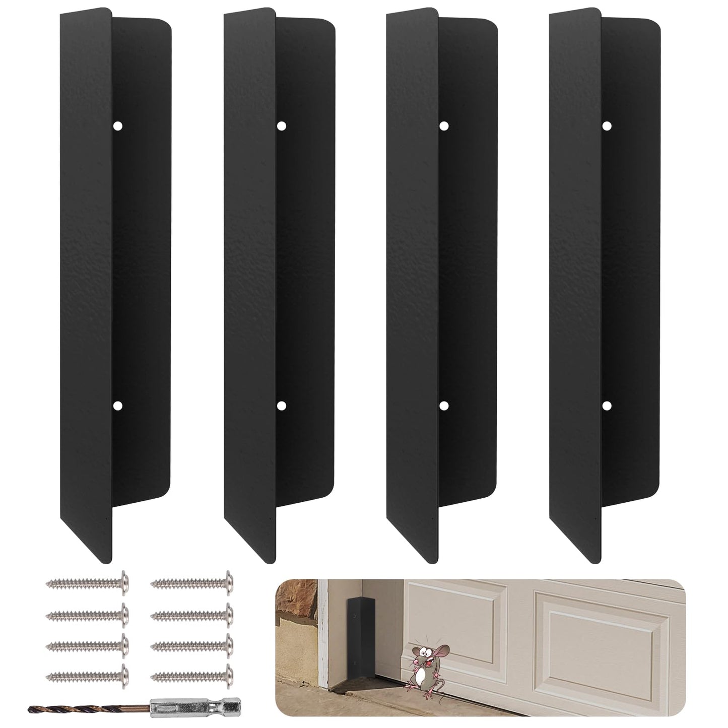 Bompro 4 Pcs Garage Door Seal Mouse Guard, Heavy Duty Stainless Steel Garage Door Mouse and Snake Guard, Permanent Solution (Black)