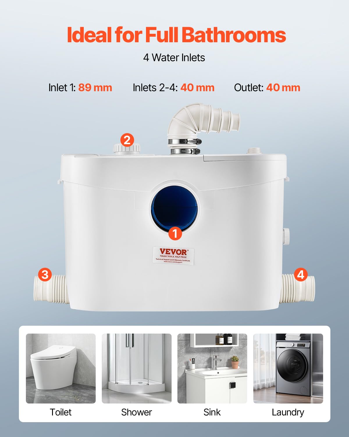 VEVOR 900W Macerator Pump, 48 GPM Flow, 40 ft/12 m Head, Macerator Sewerage Toilet Pump with 4 Water Inlets, Waste Water Disposal Upflush Machine for Toilet, Basement, Shower, Sink, Laundry, Bathtub