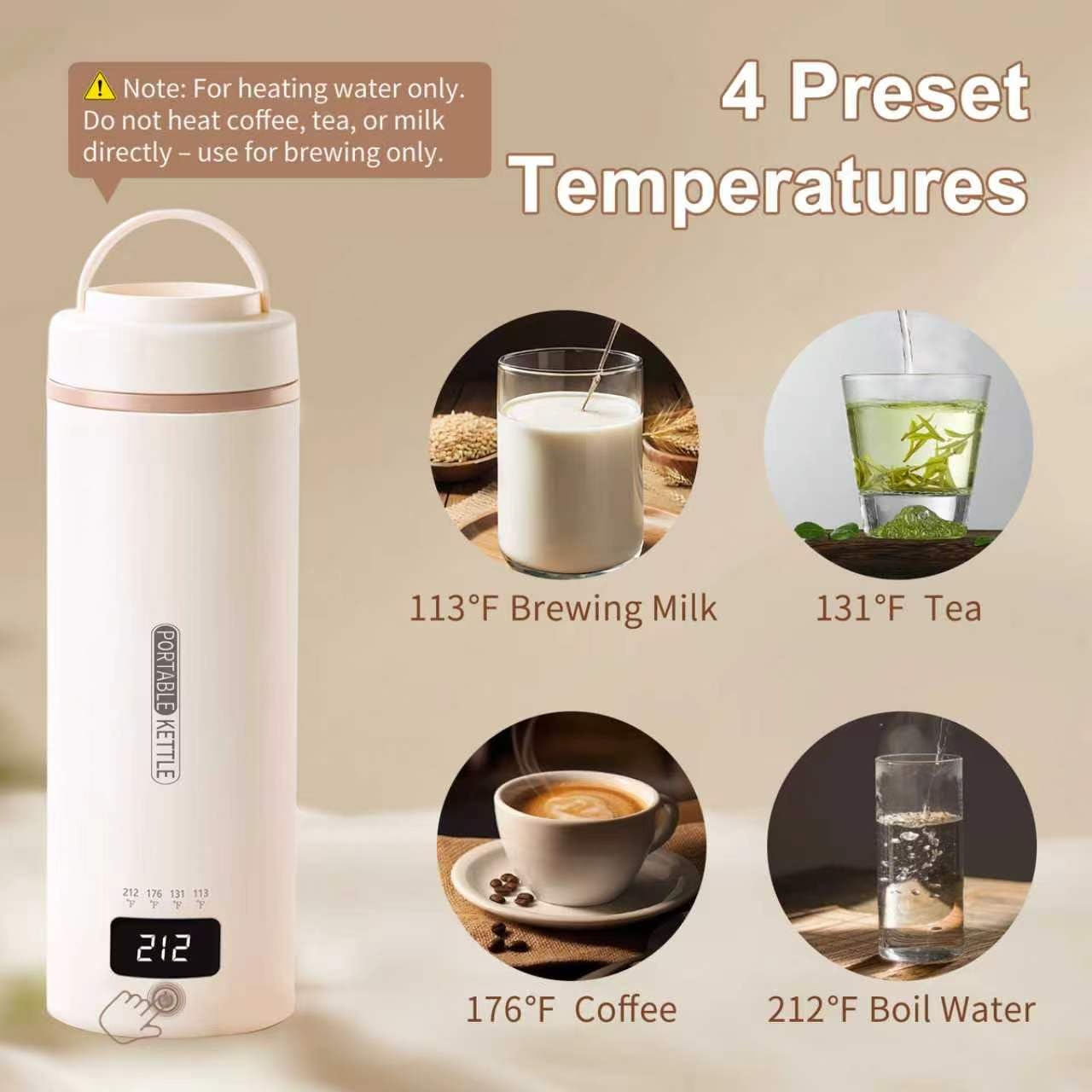 Portable Travel Electric Kettle | 4 Adjustable Temperature | Small Compact Water Boiler for Tea, Coffee | 304 Stainless Steel | Automatic Shut-off | 16oz