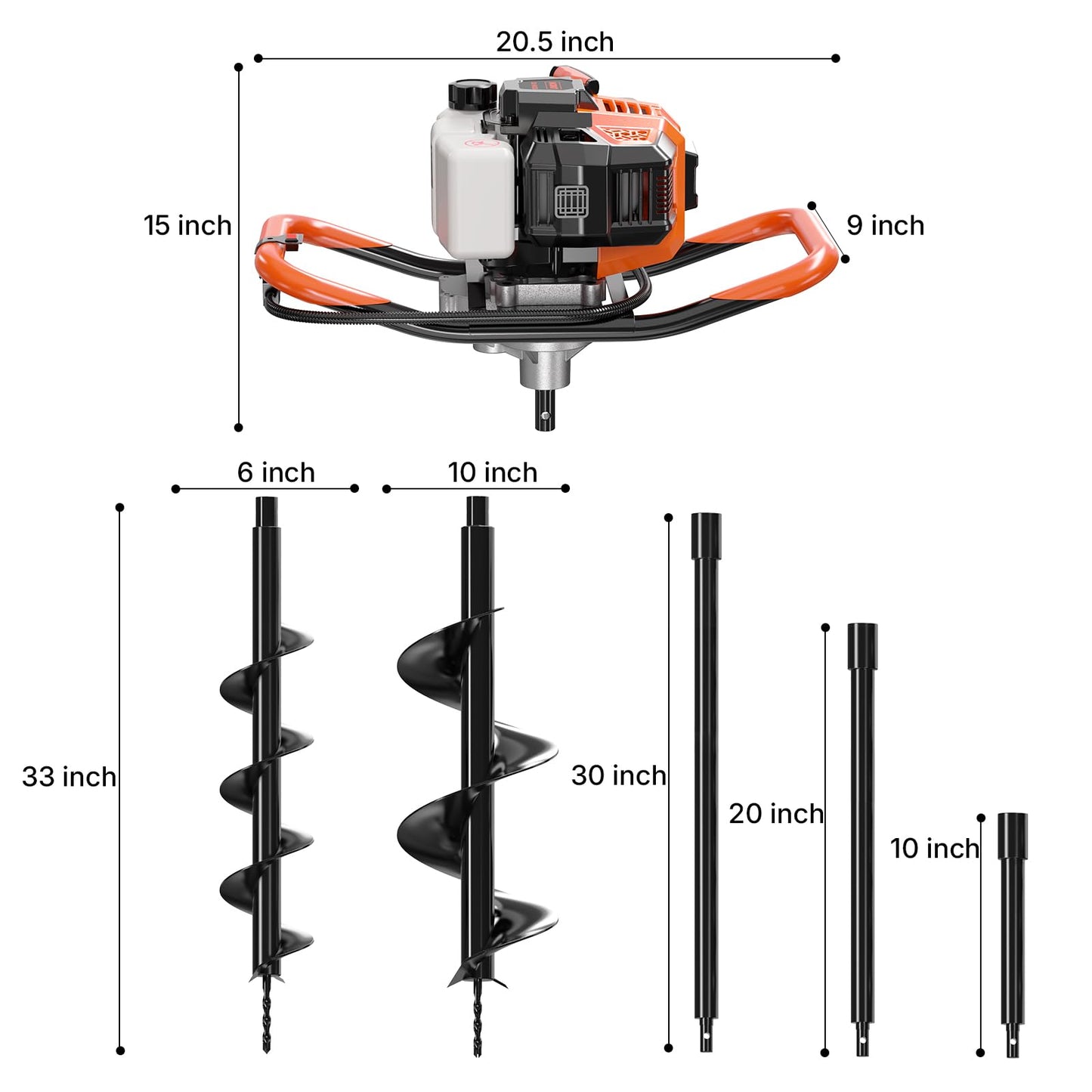 WORKIT 52CC Post Hole Digger, Auger Post Hole Digger Easy Start, 2-Cycle Xtreme Engine, Gas Powered Earth Auger with 6"+10" Auger Drill Bit, 10"+20"+30" Extension Rods, EPA Certification