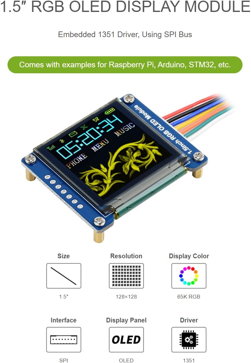 1.5inch 128x128 65K STM32, waveshare RGB OLED Display Module, Pixels Displaying Colors, Support Raspberry Pi Arduino