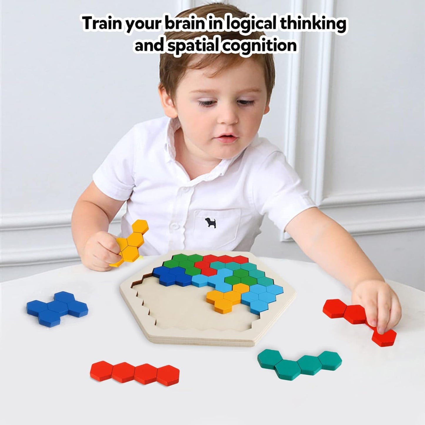 Skrtuan Wooden Blocks Puzzle - Hexagon Brain Teaser for Kids & Adults | STEM Montessori Educational Toy