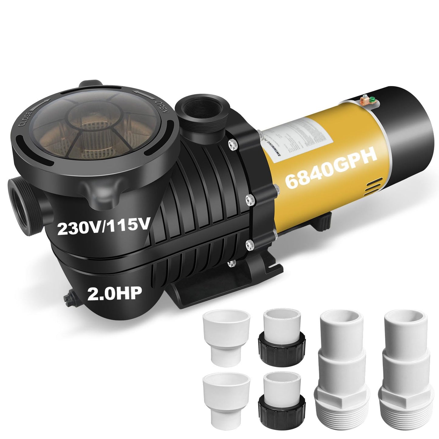 PureBy Can be Hardwired Pool Pump, 2.0HP Dual Voltage 115/230V In/Above Ground Pool Pump, 6840GPH Self-priming Swimming Pool Water Circulation Pumps with 1.25" & 1.5“ NPT Unions