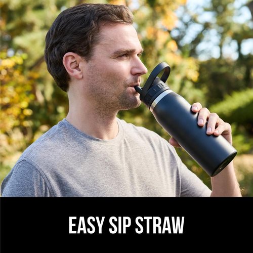 GORILLA GRIP Heavy Duty Insulated Water Bottle, 40 oz, Leakproof Flip Straw, Stainless Steel Wall Keeps Drink Cold Up to 8 Hours, Dent Resistant Tumbler, BPA-Free Travel Bottles, Dishwasher Safe Black