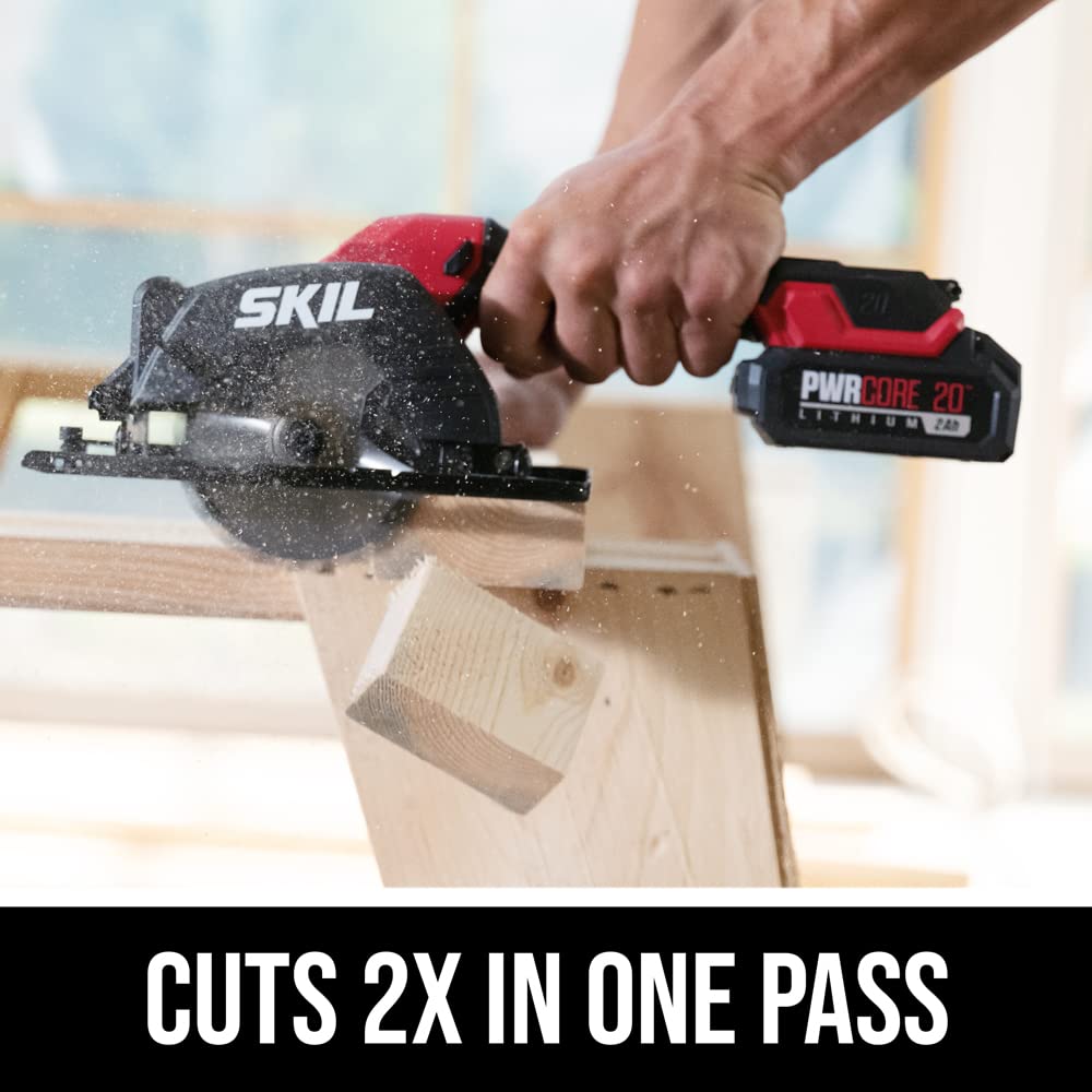 Skil PWRCORE 20 Brushless 20V 4-1/2 in. Compact Lightweight One-Hand Circular Saw Kit with Up to 6,000 RPM Includes 2.0Ah PWR CORE 20 Lithium Battery and Charger - CR5435B-10, Red