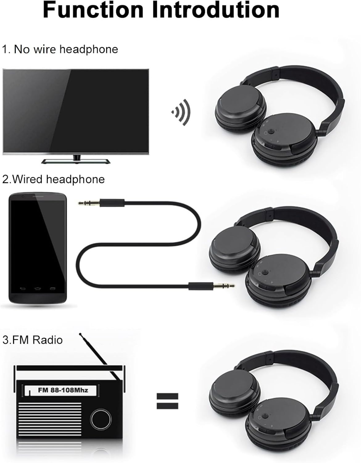 Sunydog 3.5mm Headset MP3 FM Headphones Over-Ear Music Earphones with Transmitter Cable, Wired Support FM Radio for TV