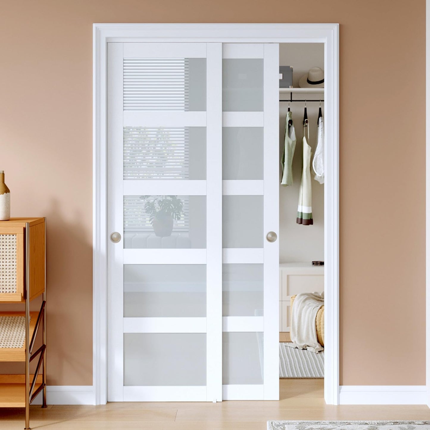 EaseLife 48"x80"(Double 25"x80") Sliding Closet Door,5-Lite Frosted Glass Bypass Sliding Door with Hardware Kit,Solid MDF Wood Slab & Water-Proof PVC Surface,White