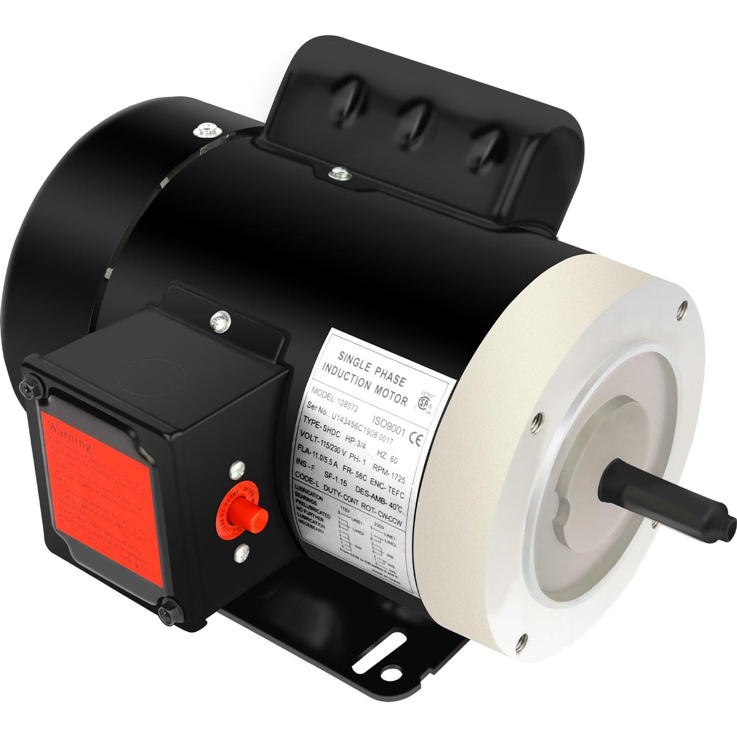 3/4HP Electric Motor 1725RPM General Purpose Single Phase Motor 115V/230V 56C Frame 5/8" Shaft Diameter Rolled Steel Shell 60HZ TEFC