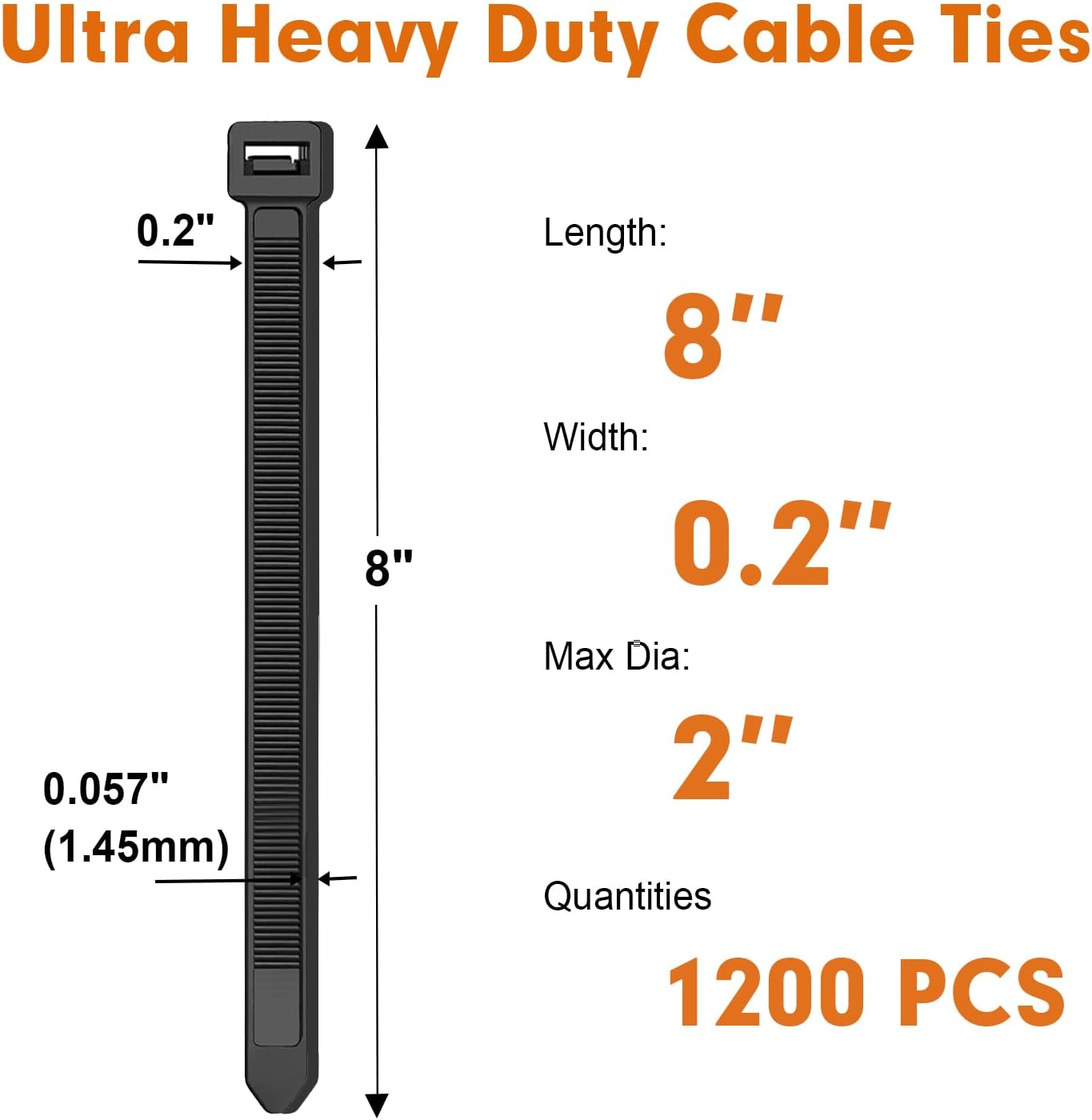 1200pcs 8 Inch, 70lb Zip Ties, RAZCC Black Cable Zip Ties Heavy Duty Plastic Wire Ties with Tensile Strength
