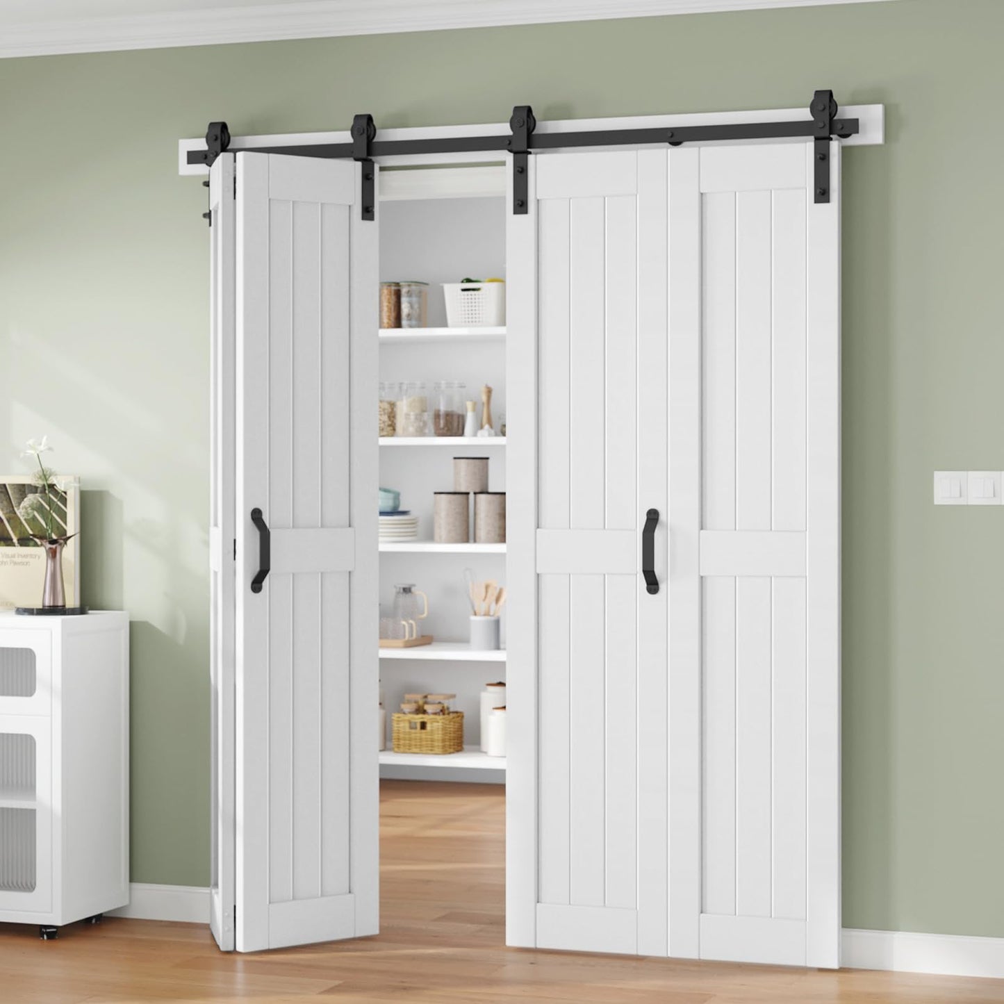 Finosen Bifold Barn Door 84 x 84 in (Four 21x84 Inch),Bi-fold Sliding Closet Doors with Hardware Track kit Included 6.6ft Rail for 4 Doors and Track Connector,DIY Assembly,Save Space.