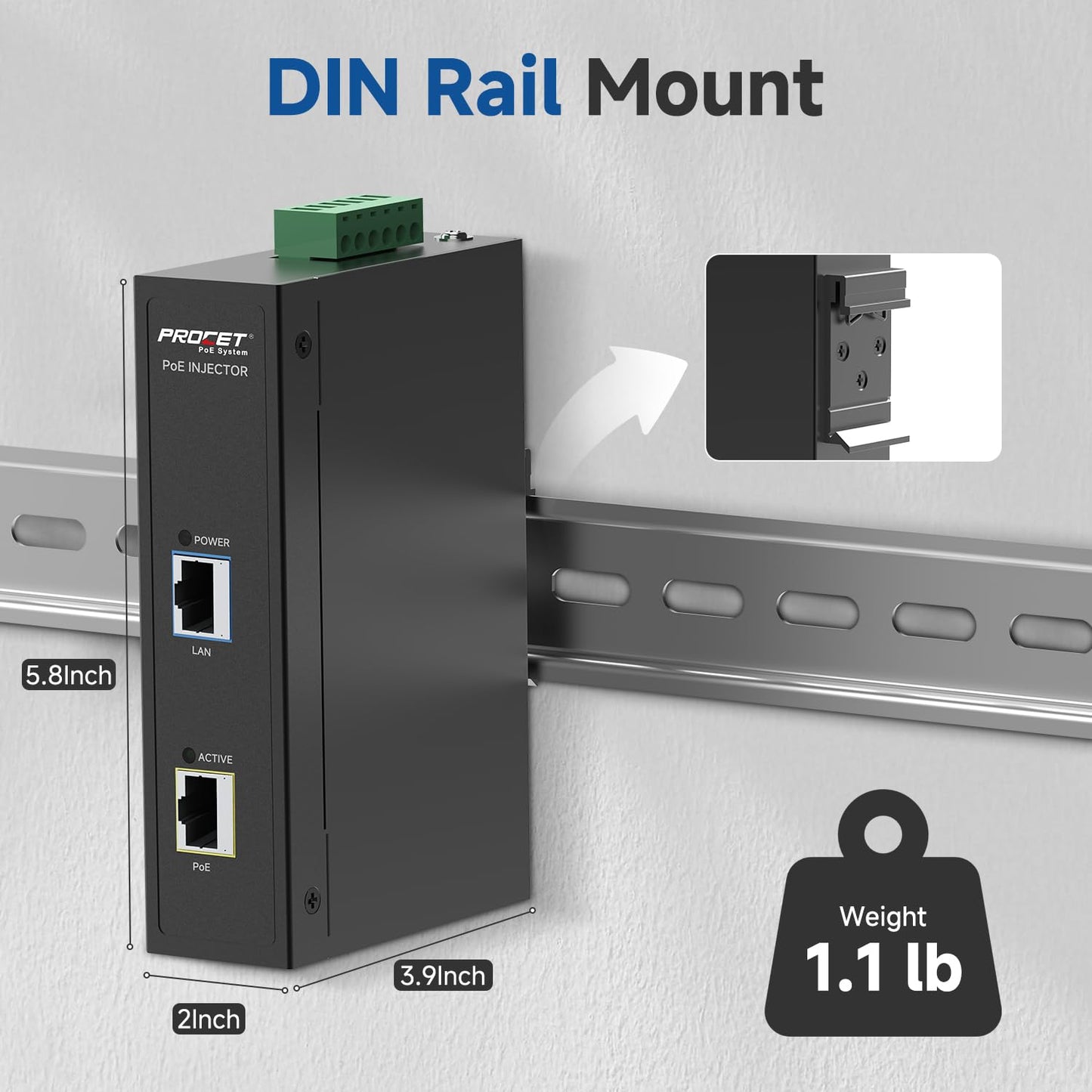 PROCET Gigabit PoE Injector 60W DIN Rail, 6KV Surge Protection, -40℉ to 149℉ for eero PoE 6/7, UniFi U6 Pro, Sisco Access Point, PTZ AI Turret Camera, Digital Transportation, Information Kiosks