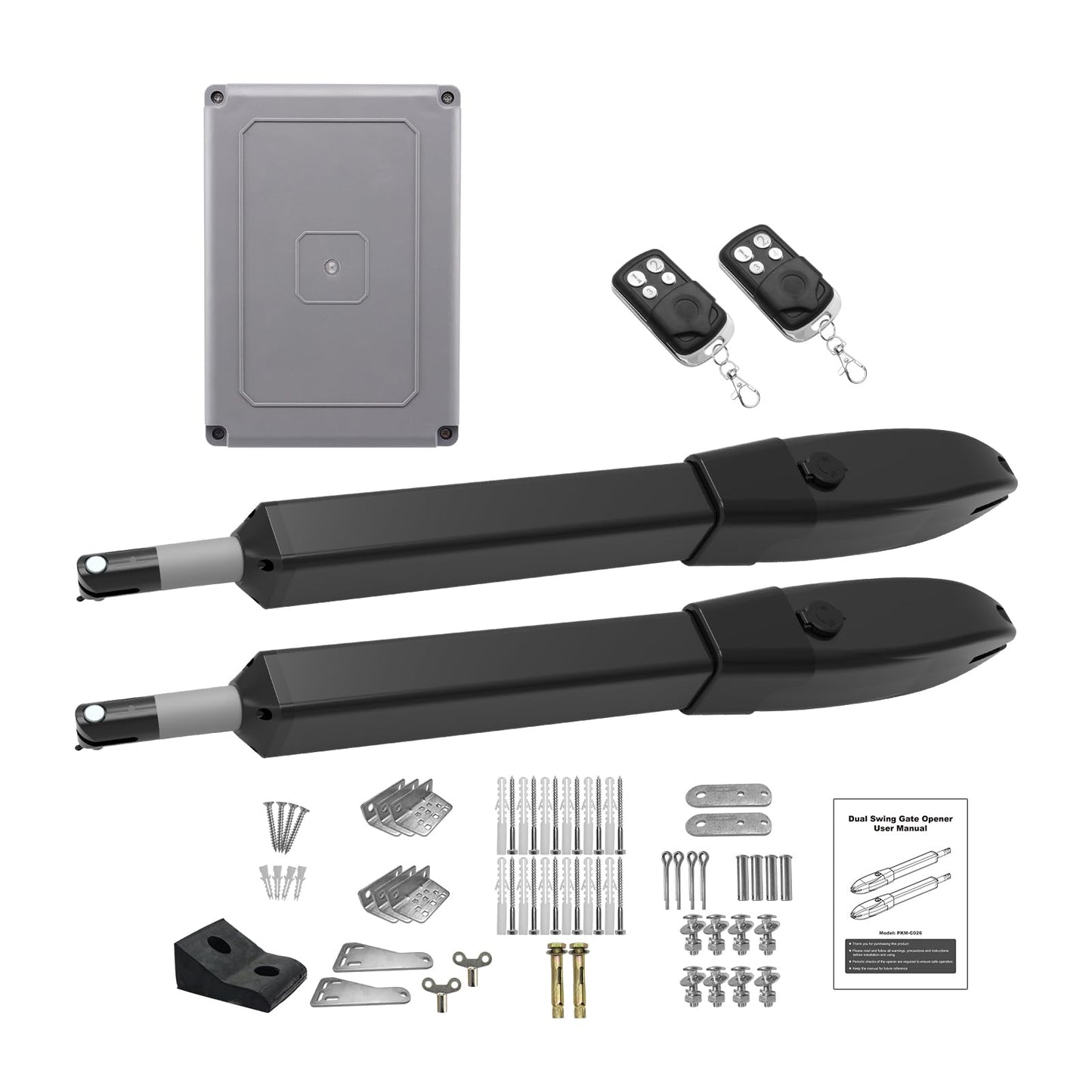 JUJIANG Automatic Gate Opener with Remote Complete Kit for Swing Gate Up to 770lb 16FT per Arm, Electric Gate Opener Medium Duty Dual Swing Gate Opener Automatic Gate Motor 60W AC Powered PKM-C026