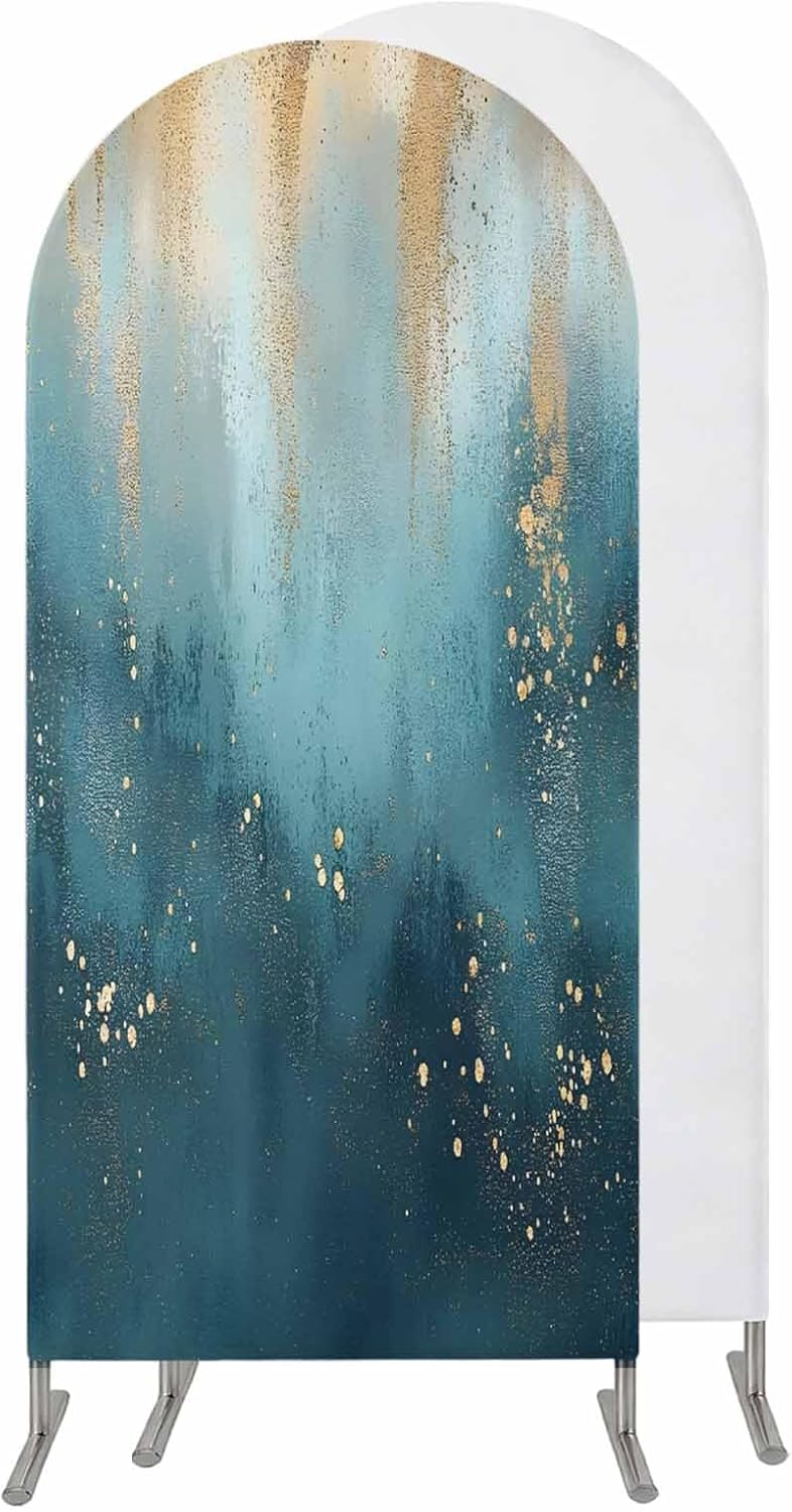 Jnbasdffb 7.2 Turquoise Gold Geometric Wedding Arch Cover,Stretchy Spandex Arch Backdrop Stand Covers FT,Modern