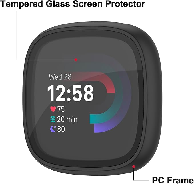 Vancle Case for Fitbit Versa 4 / Fitbit Sense 2, 4-Pack Screen Protector Tempered Glass Full Around Hard PC Case with Sensitive Touch Film Protective for Fitbit Sense 2 / Versa 4 (Black*4)