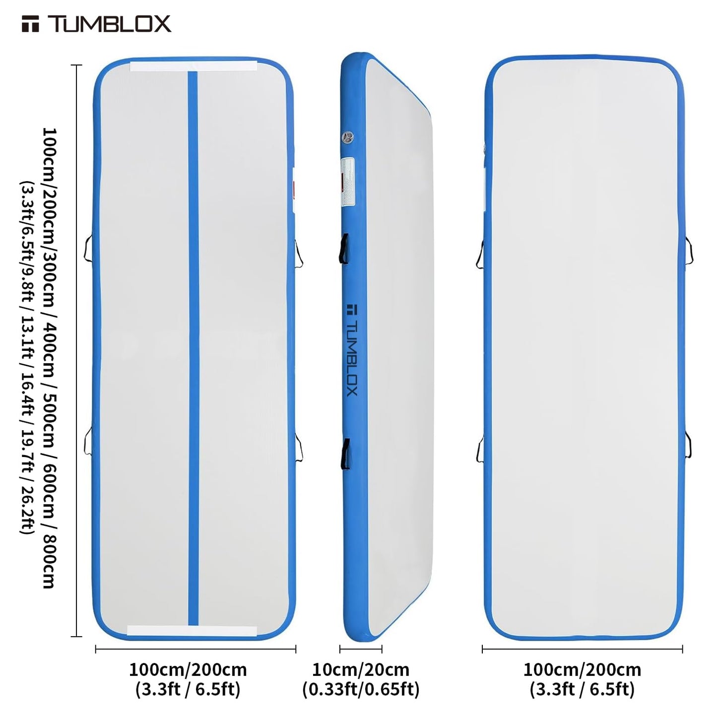 TUMBLOX Air Gymnastics Mat Inflatable & Tumbling Mat – 4/8 Inches Thick with Electric Pump + Free Foot Pump – Ideal for Home, Gym, Water, and Beach Use (Blue, 10ft*3.3ft*4in(3 * 1 * 0.1m)