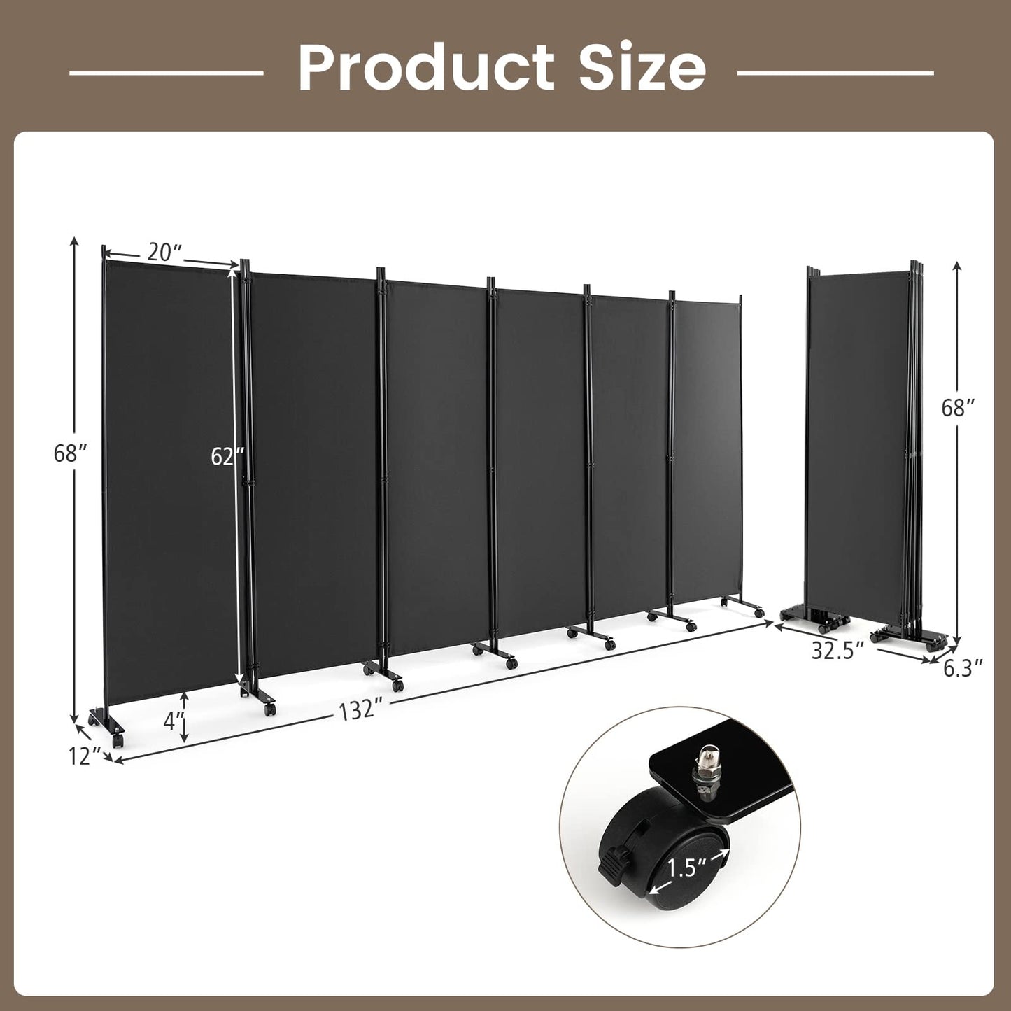 Giantex 5.7Ft 6-Panel Folding Room Divider with Rollers Grey- 132" Wide Large Rolling Foldable Privacy Screen, Lightweight Portable Wall Partition Separation Room Dividers with Wheels