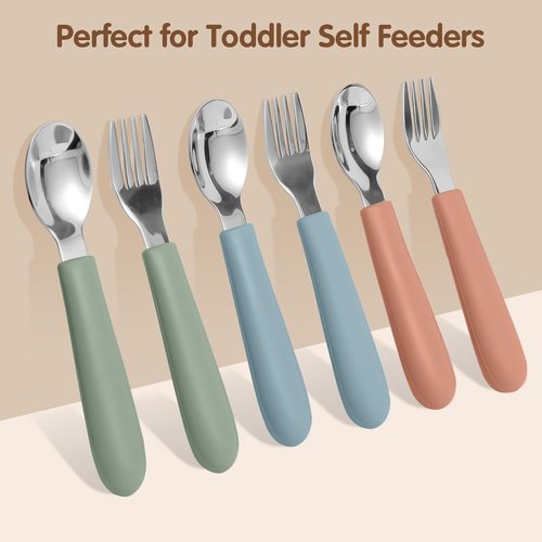 Eascrozn Toddler Utensils - Kids Silverware Set with Silicone Handles | 18/8 Stainless Steel, 6 Pack