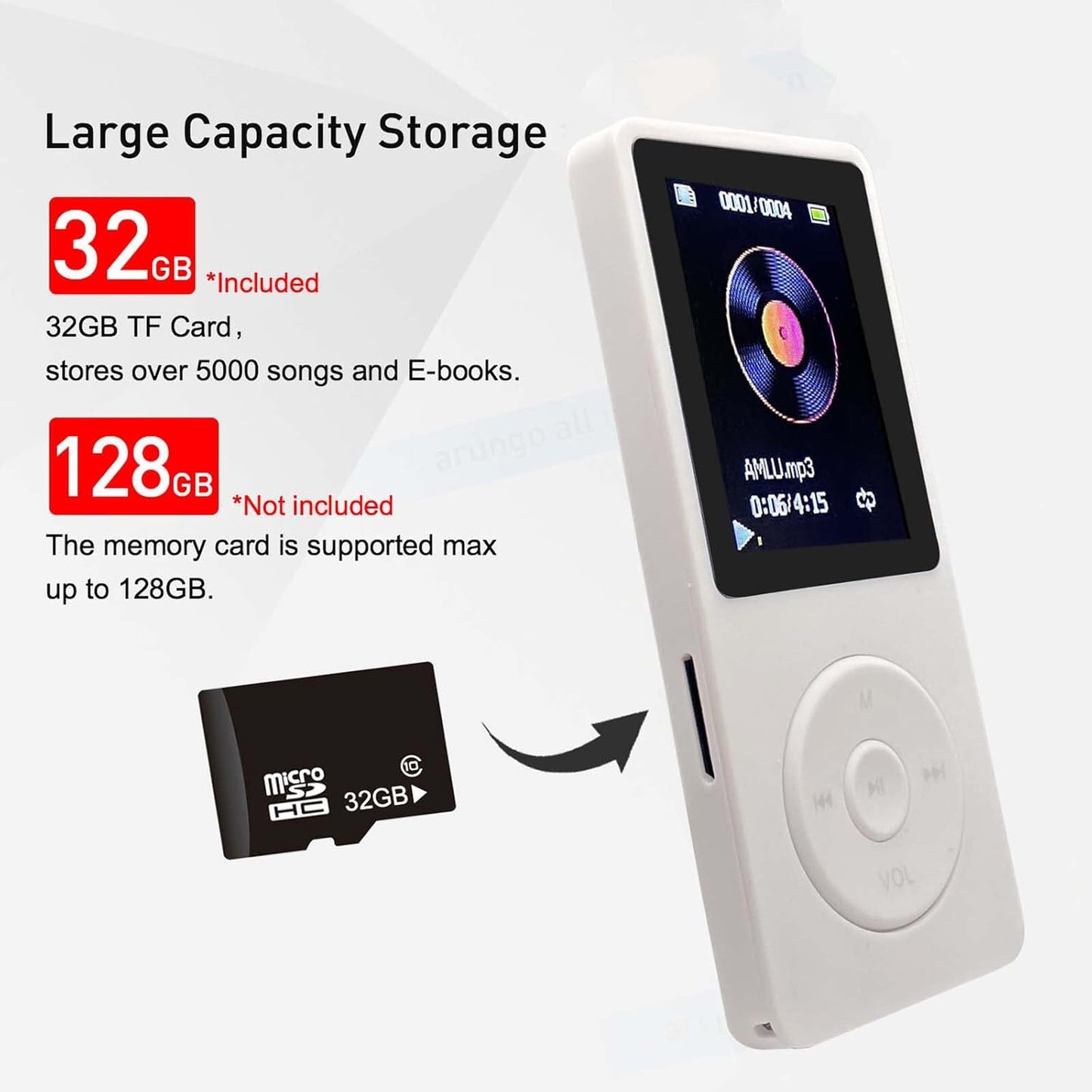 arungo MP3 32GB 1.8 inch 128GB Player with Speaker Earphone Portable Mini White Music Player Support Voice Recorder