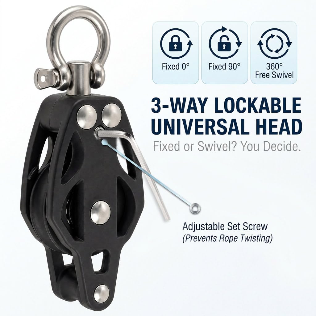 RiaYer Ball Bearing Single Block Pulley, 50mm Sheave with Lockable Swivel and Becket, 316 Stainless Steel Marine Hardware for Sailboat Mainsheet, Shade Sail Rigging, Accepts Up to 10mm Line