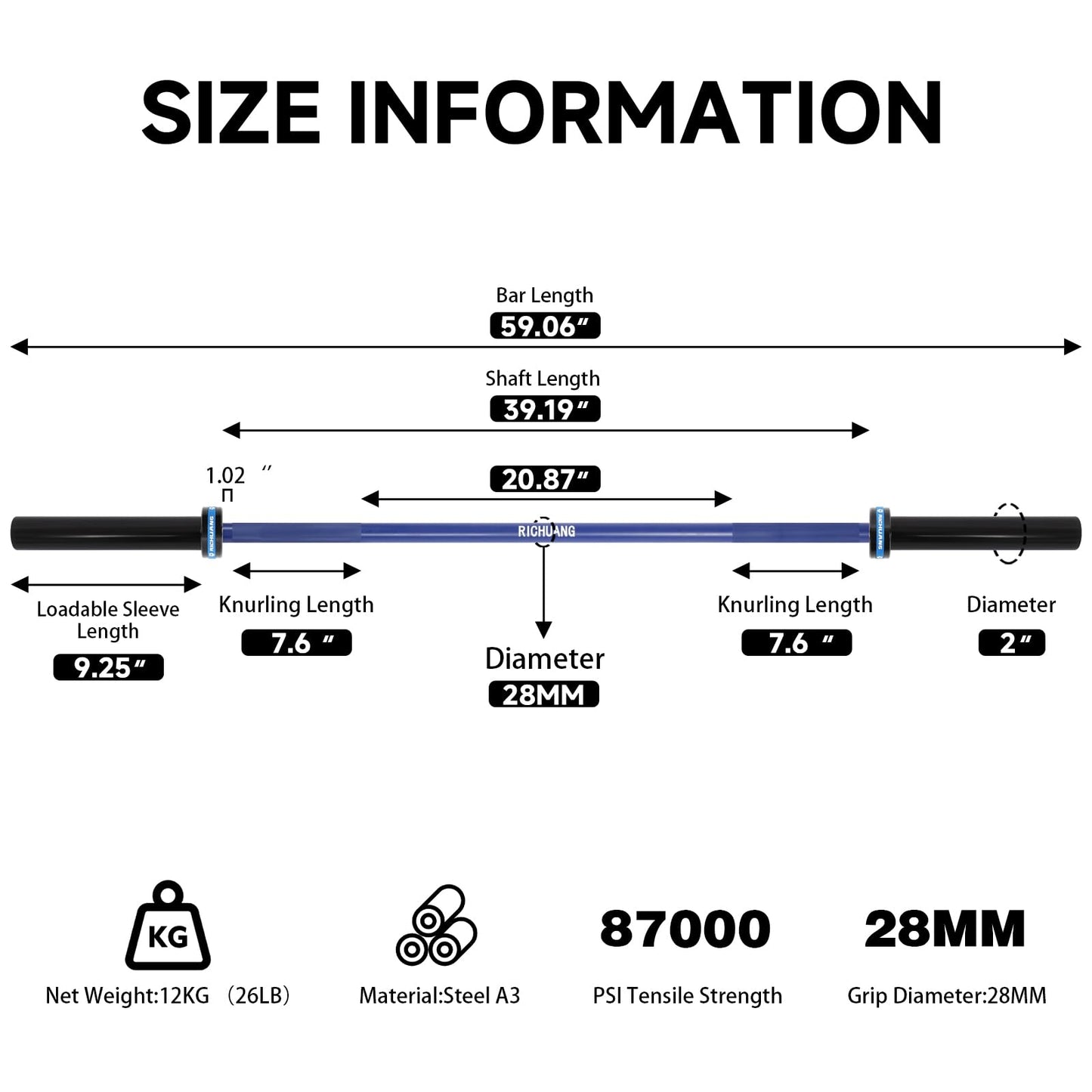 RICHUANG Olympic Barbell 5FT 26.5LB – 2" Weightlifting Bar for Home Gym Fitness, Squats, Deadlifts, Hip Thrusts, Bench Press, Strength Training – 500LB Capacity – Blue