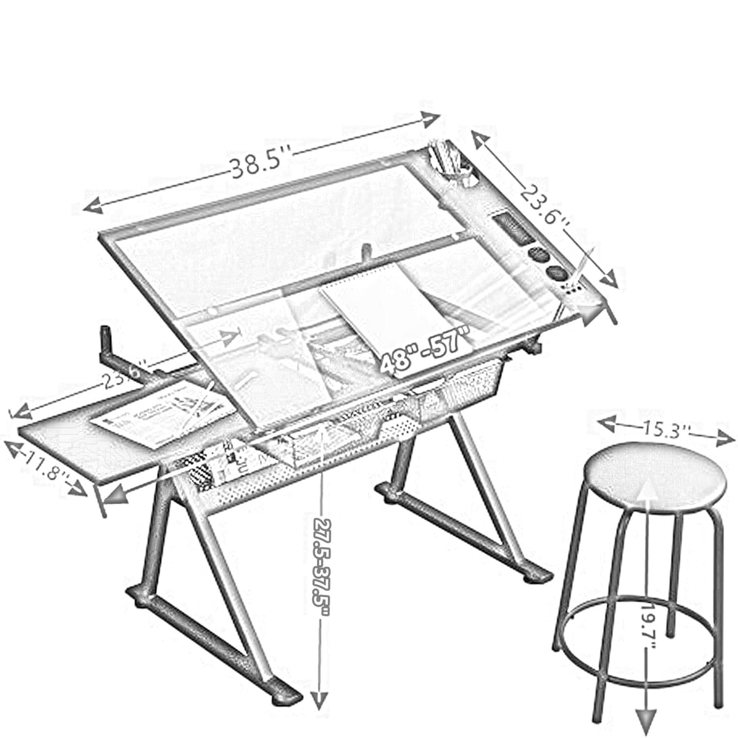 Garvee Drafting Table w/Stool, Height Adjustable Drawing Table, Multifunctional Art Craft Paintings Work Station w/2 Storage Drawers, 0-75° Tilting Glass Tabletop for Home Office, White