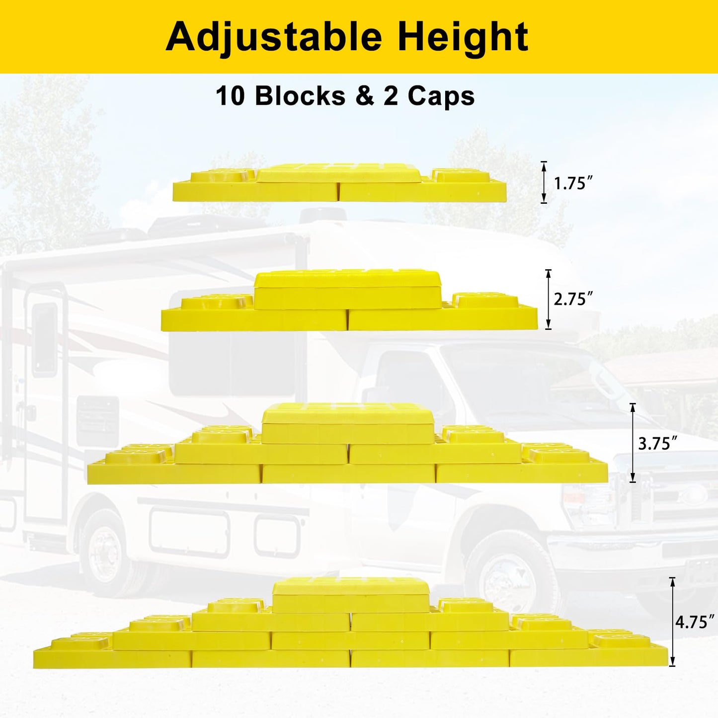 RV Leveling Blocks 12 Pack, Heavy Duty Interlocking Camper Leveler with Carrying Bag, Customizable Height for Single & Dual Axle Wheels, 8.6" x 8.6" x 1.5" Yellow RV Stabilizer Jack Pads