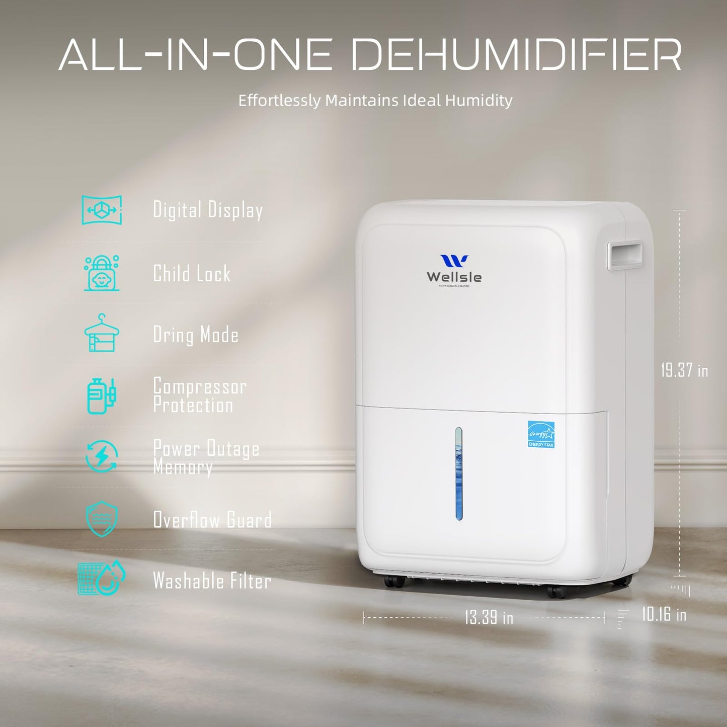 Wellsle Energy Star Certified 52 Pint Dehumidifier for Home and Basement, Portable Dehumidifier with Drain Hose and 1.59 Gal Water Tank, Quiet Dehumidifiers for Bedroom, Living Room, Garage.