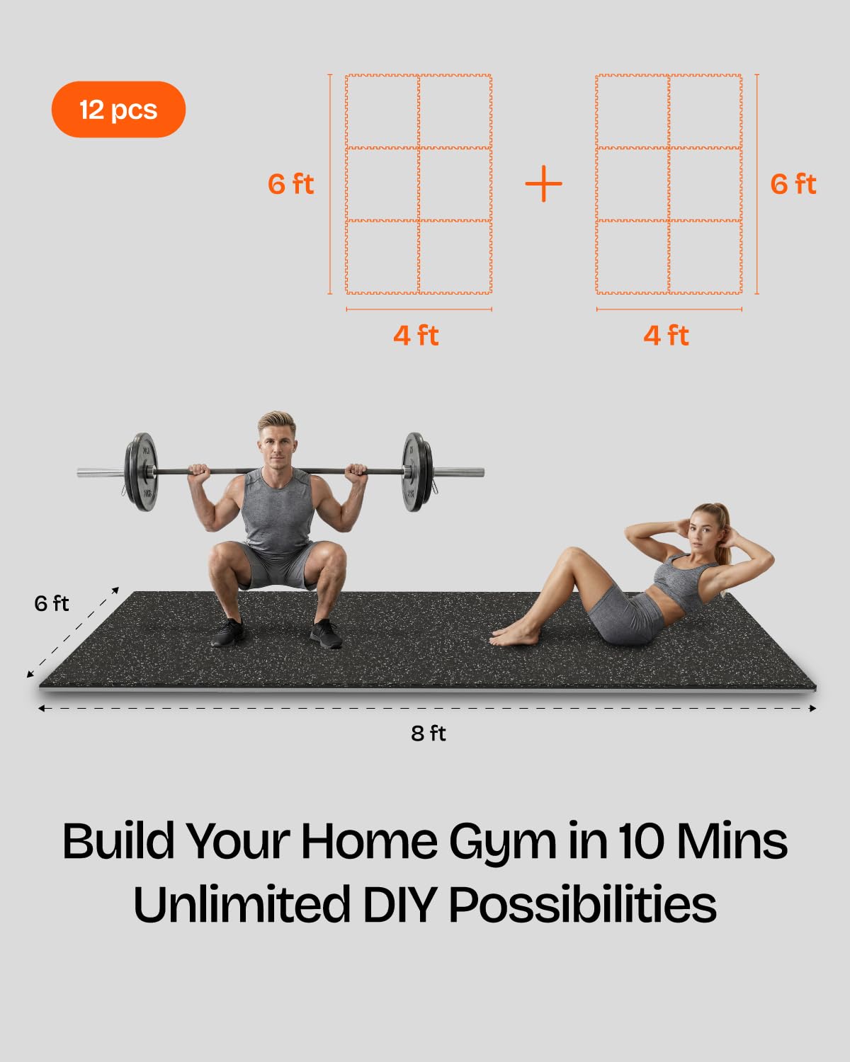 Vivaluz 0.56 Inch Thick 48 Sq Ft Gym Flooring for Home Gym, 12 Tiles Robust Rubber Top with Eva Foam Exercise Equipment Mats, Protective Flooring Puzzle Mat for Fitness Room