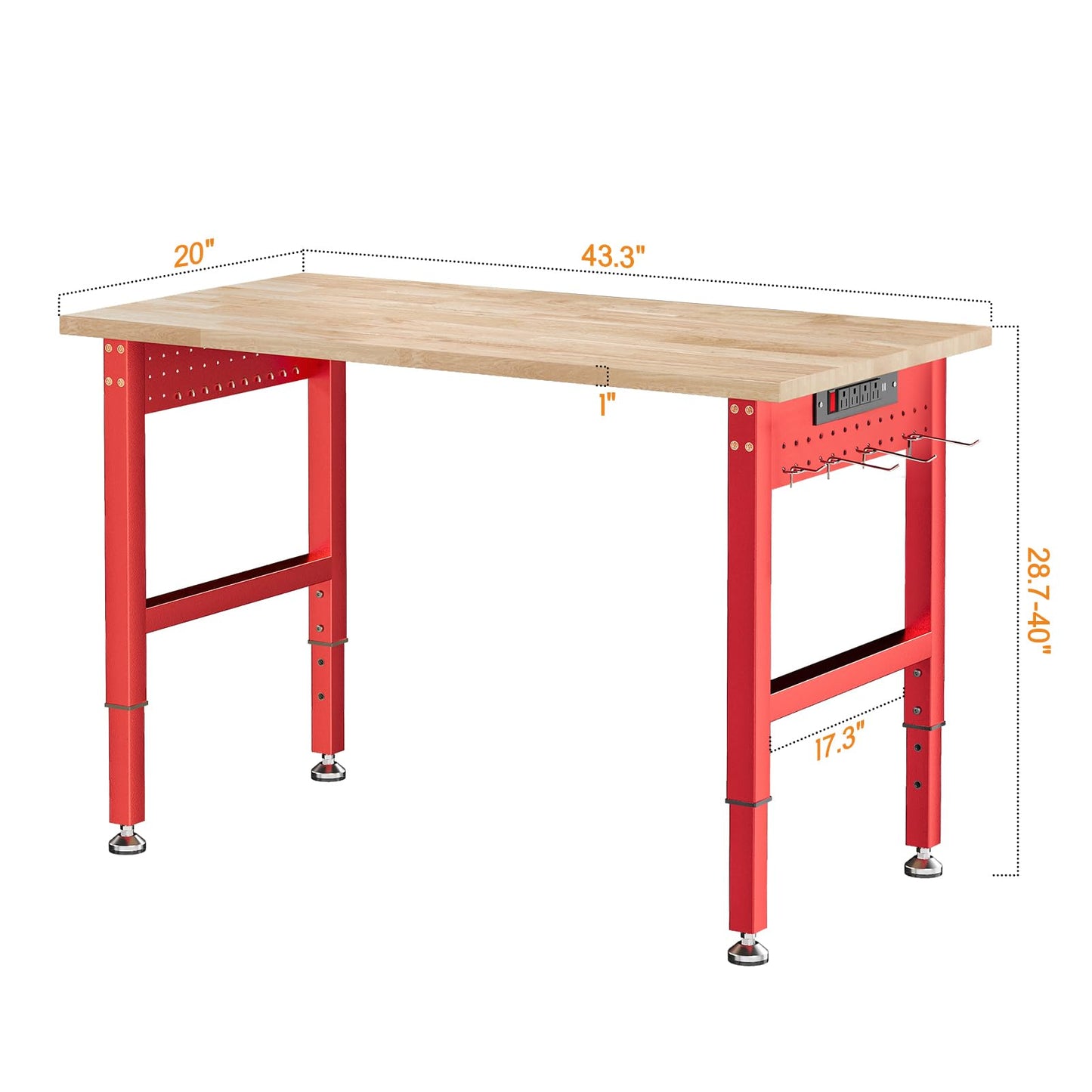 SPECRAFT Red Adjustable Heavy Duty Workbench with 4 AC Outlet and 2 USB Ports Power Outlets, 2000 Lbs Capacity, Rubber Wood Top for Garage, Workshop, Office