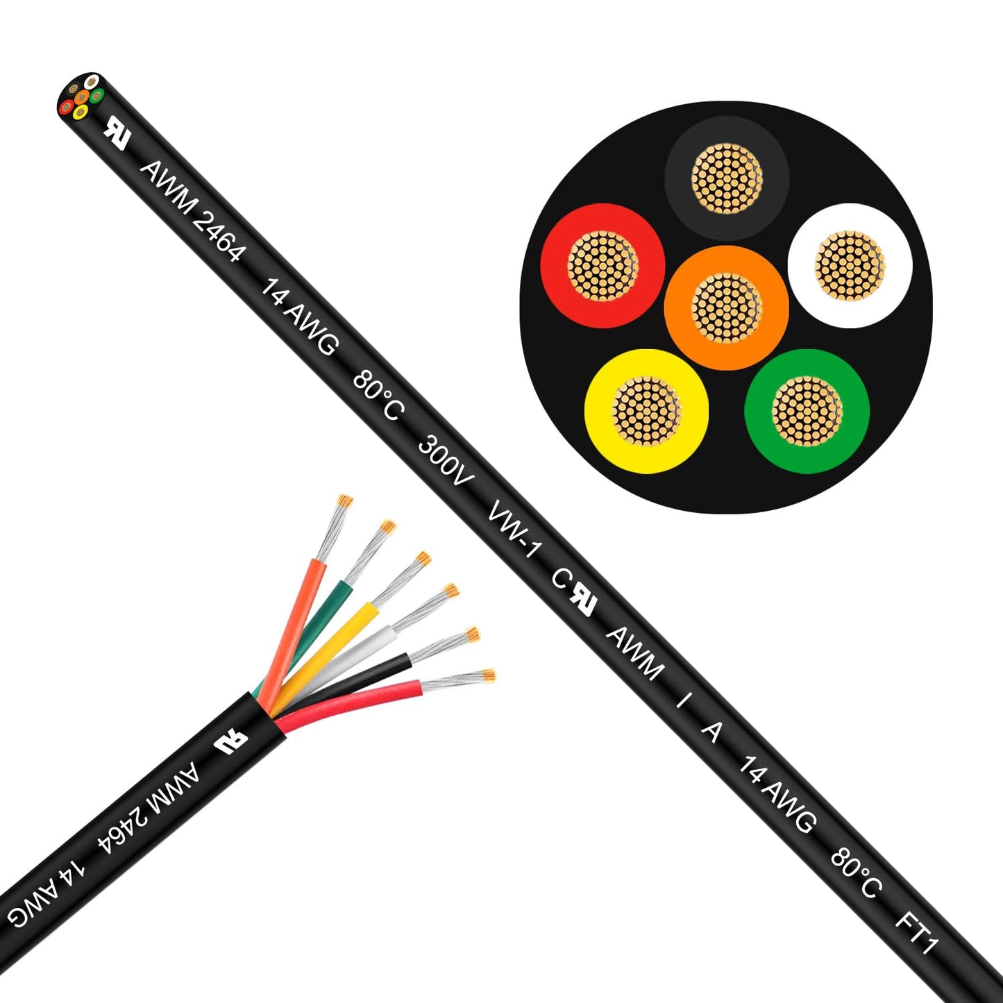 LINKSQ UL2464 50FT 14 Gauge 6 Conductor Electrical Wire, Tinned Oxygen Free Copper 6 Wires, 14/6 AWG Landscape Wire, OFC Speaker Cable, Low Voltage Wires, Automotive Battery Wire Cable