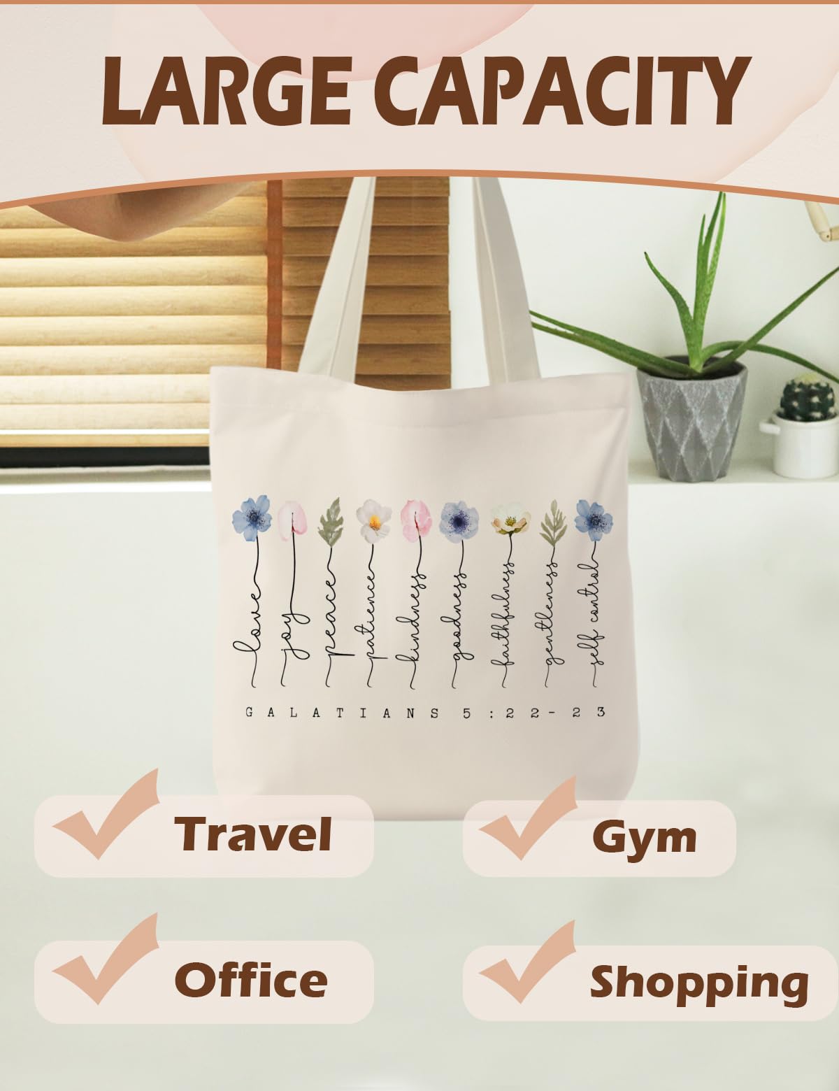 Supwhd Cream Bible Bags for Women, Christian Tote Bag, Fruit of the Spirit Galatians 5:22-23, Gifts for Christian Women, Bible Verse Christian Canvas Tote Bags for Woman