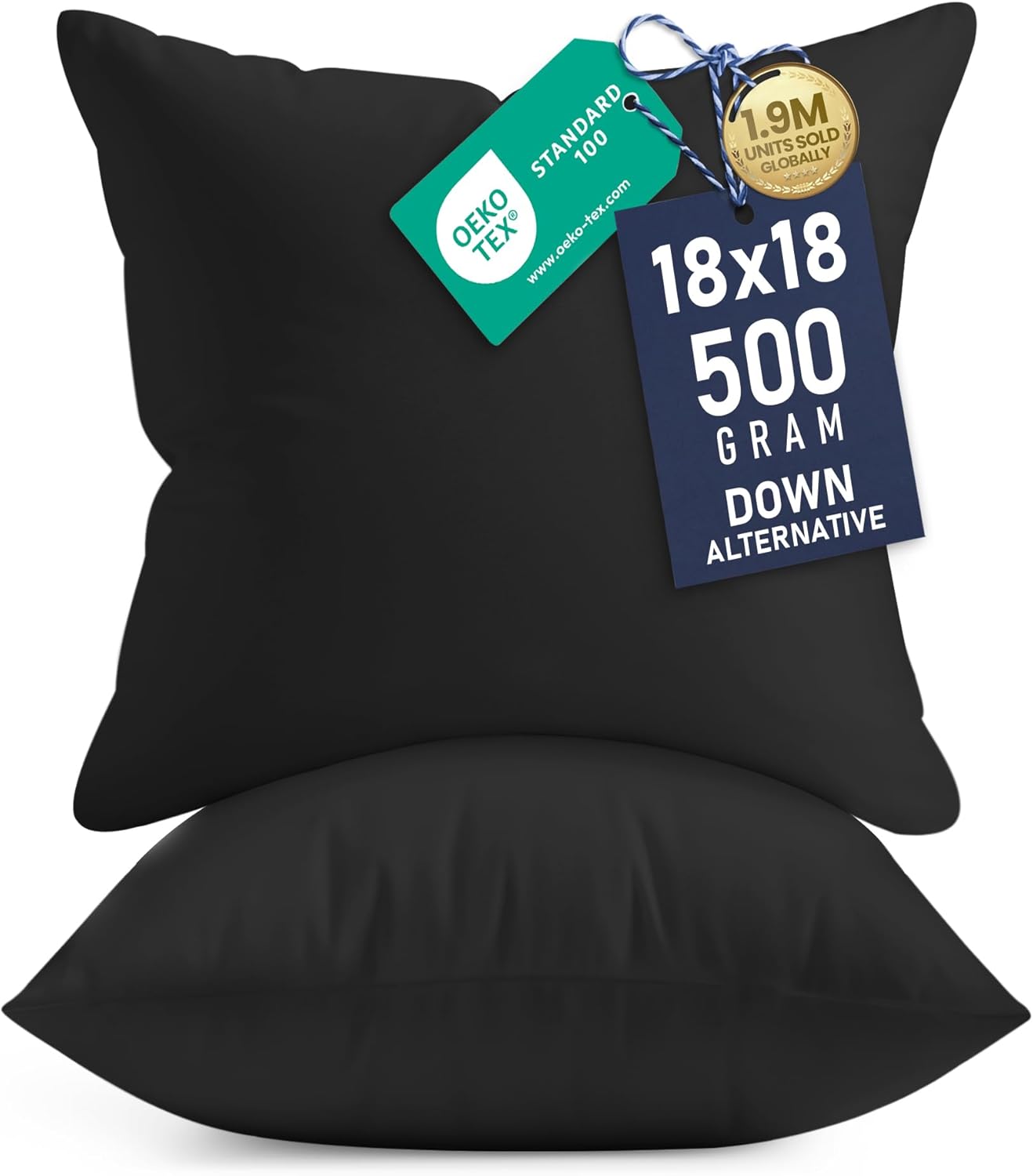 Utopia Bedding Pillow Inserts - Set of 2, 18x18 Black Decorative Cushions for Sofa & Bed - Soft & Fluffy