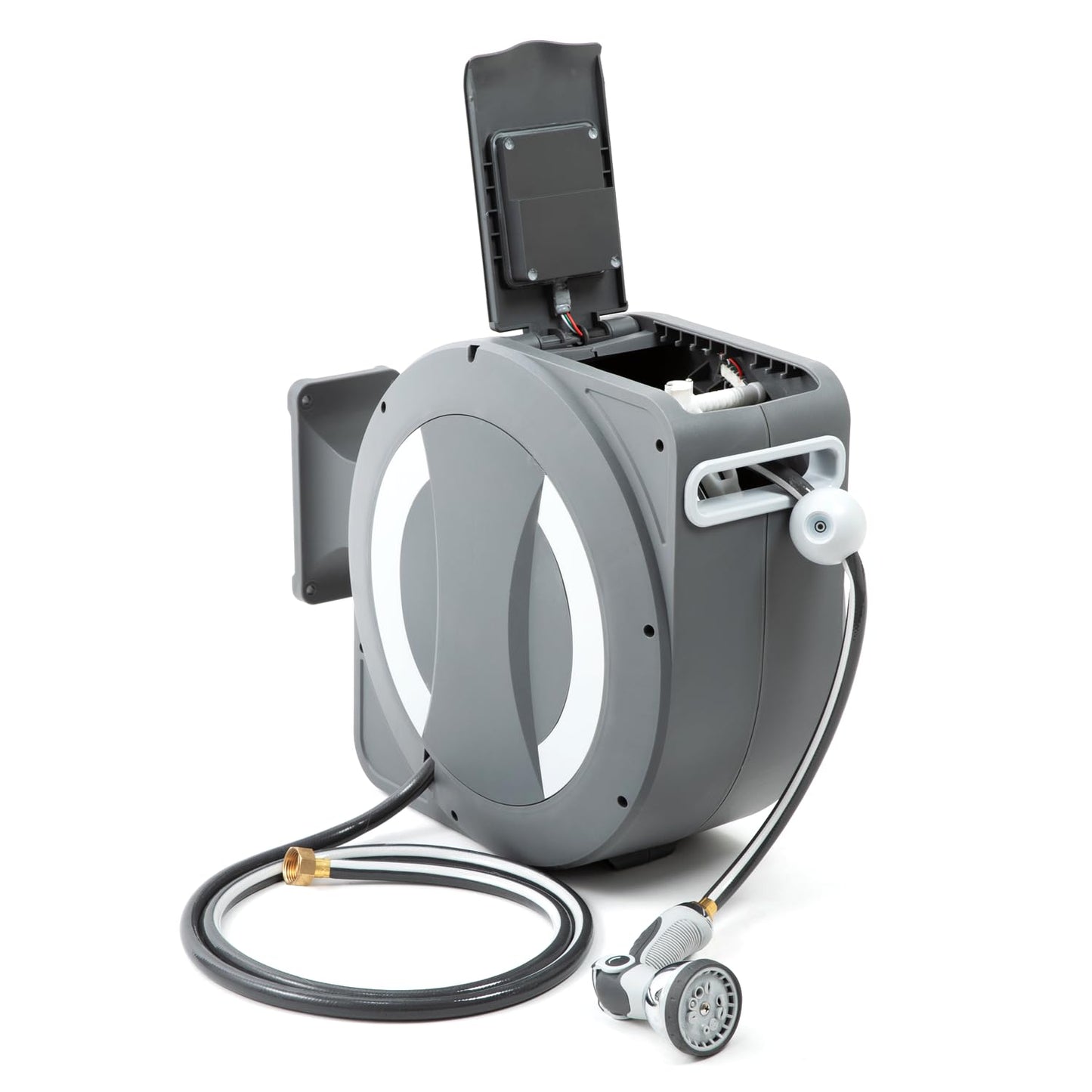 Betta EaseReel Battery-Powered Wall-Mounted Retractable Hose Reel, with Quick-Access Dual Hose Length Control, 8 Spray Patterns Nozzle, Automatic Roll-Up & Tangle-Free Hose Guide (1/2'', 78FT/23m)