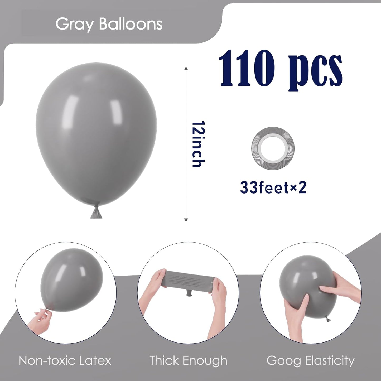 Voircoloria 110pcs Gray Balloons - 12 Inch Grey Latex Party Balloons for Celebrations & Events