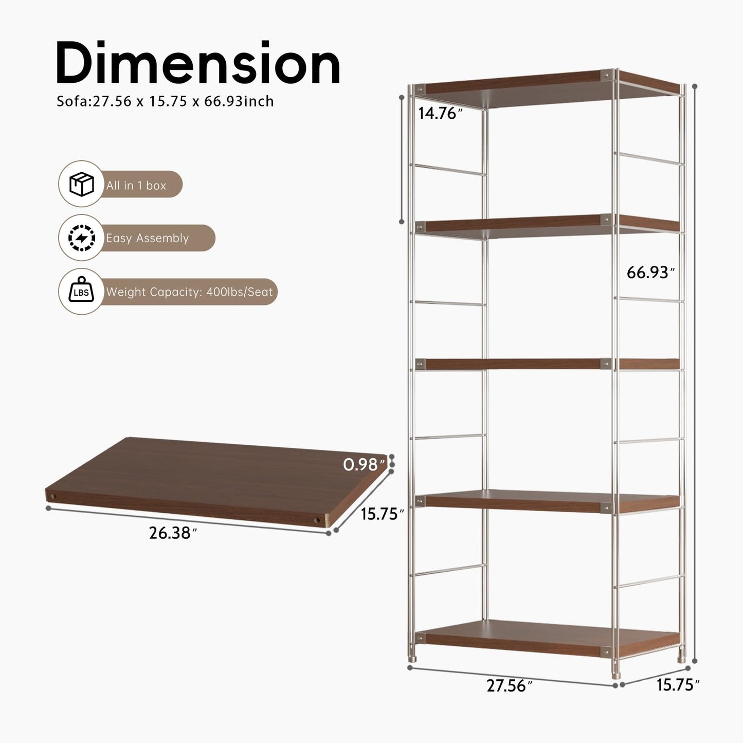 Achene 5-Tier Industrial Bookshelf, Storage Bookcase for Living Room, Bedroom, Home Office, Study Room, and Kitchen, 15.75"x27.56"x66.93" Inches (Walnut, 5T28IN)
