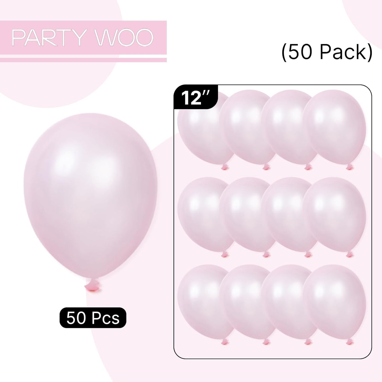 PartyWoo Light Pink Balloons - 50 Pcs 12 Inch Pearl Latex Helium Balloons for Baby Showers & Parties