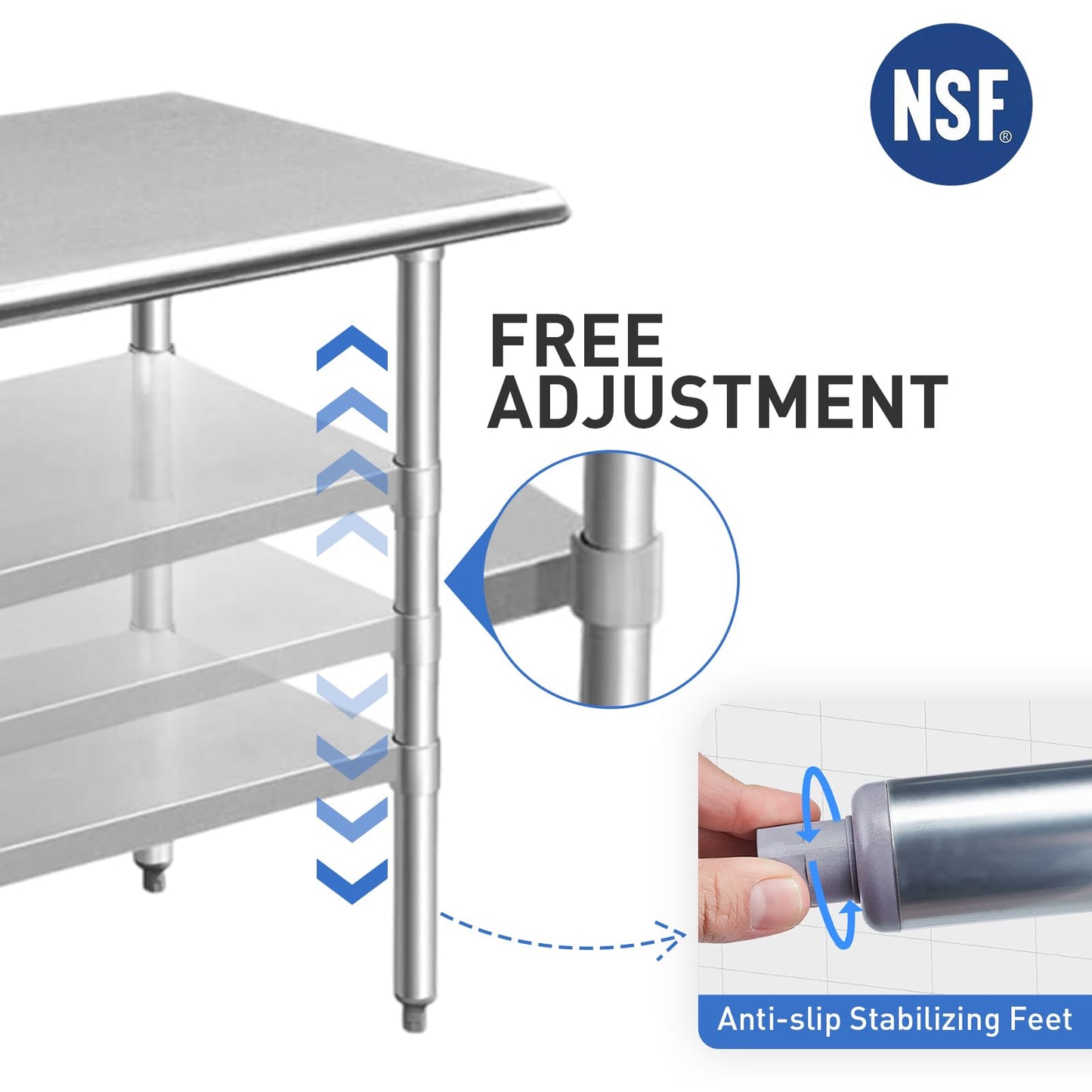 ROCKPOINT Stainless Steel Table for Prep & Work 24x48 Inches, NSF Metal Commercial Kitchen Heavy Duty Table with Adjustable Under Shelf and Table Foot for Restaurant, Home and Hotel