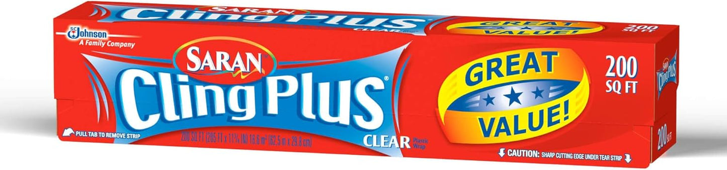 Saran Cling Plus Clear Plastic Wrap - Easy Dispense Food Storage, 200 Sq Ft Roll