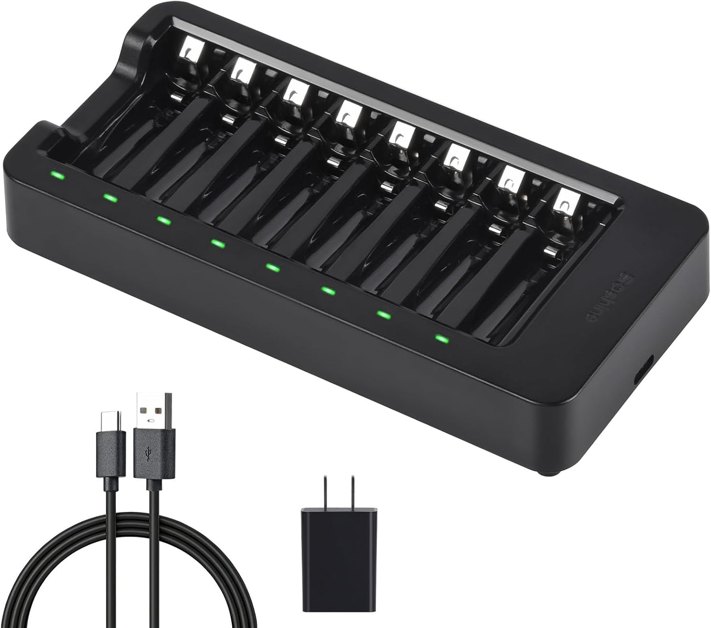 Soshine 5V 2A 8 AA AAA Battery Charger with Adapter, Bay Smart Charger with LED Indicators, Independent Slots USB-C