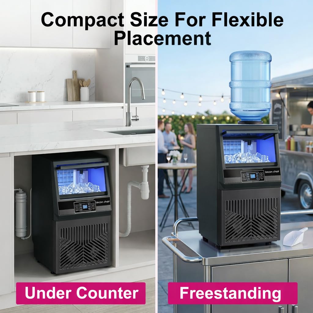 Lecon Chef Freestanding Commercial Ice Maker Machine 80Lbs/24H & Dual Water Inlet, 36 Ice Cubes/Cycle, Adjustable Ice Thickness, Self-Cleaning, 20Lbs Storage Bin for Restaurant, Office