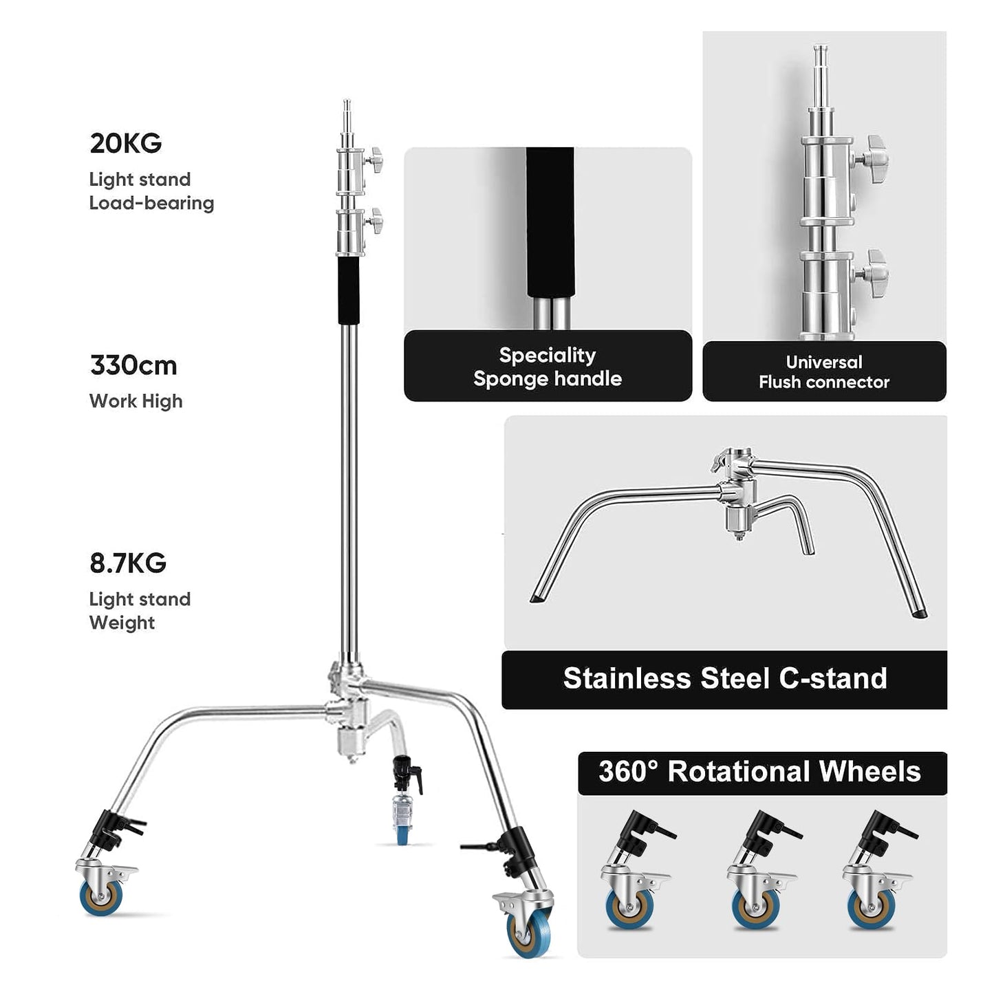Heavy Duty C Stand 11.3ft/345cm Light Stand with 4.2ft/128cm Boom Arm Wheels Sturdy Stainless Steel Century Stand for Photography Studio Video Reflector, Umbrella, Softbox and Monolight