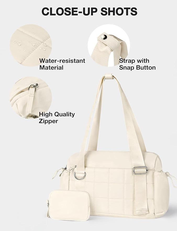 VUUDH Puffy Mini Gym Bag for Women, Carry On Multi-Pocket Water-Resistant Duffel, Lightweight Sports Bag for Fitness, Work, Travel, Daily Commute,Beige