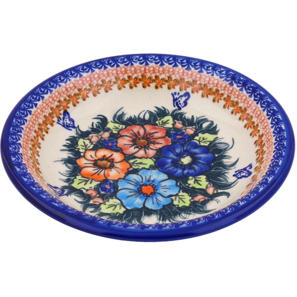 Polmedia Polish Pottery Pasta Bowl 9-inch - Peach Tudor Rose Pattern Handmade in Boleslawiec Poland by Ceramika Bona + Certificate of Authenticity