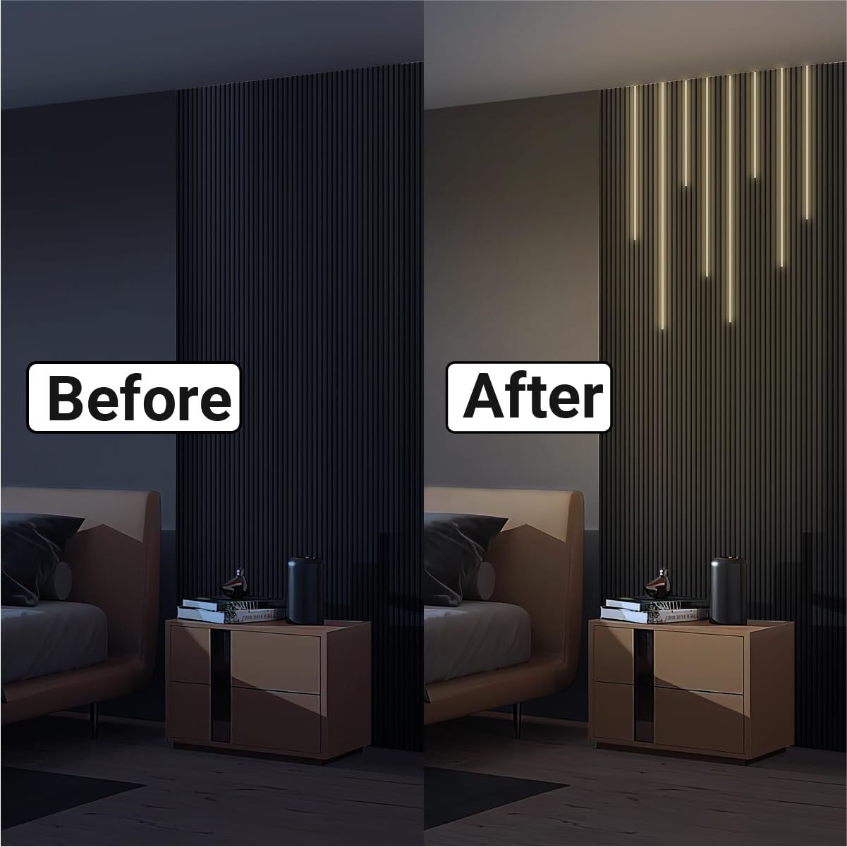 HAMRVL Black LED Recessed Lighting Kit - 8 PCS 3000K Warm White LED Strip Lights with Touch Control, Dimmable Self-Adhesive Wall Panel Lights for Wood Slat Wall Panels, Under Cabinet (Black Cover)