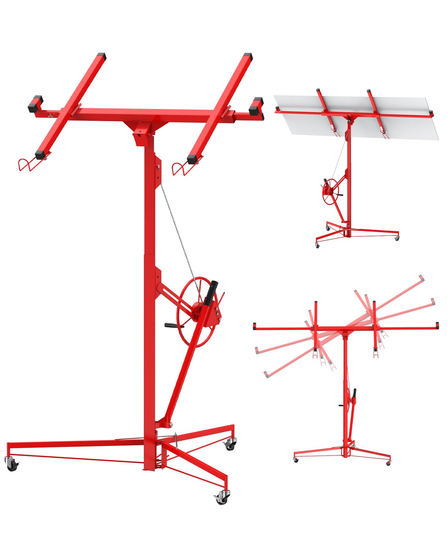 16 FT Heavy Duty Drywall Lift Hoist, 150 Lbs Capacity Adjustable Telescoping Panel Jack with 360° Swivel & Locking Wheels for Ceiling & Wall Installation