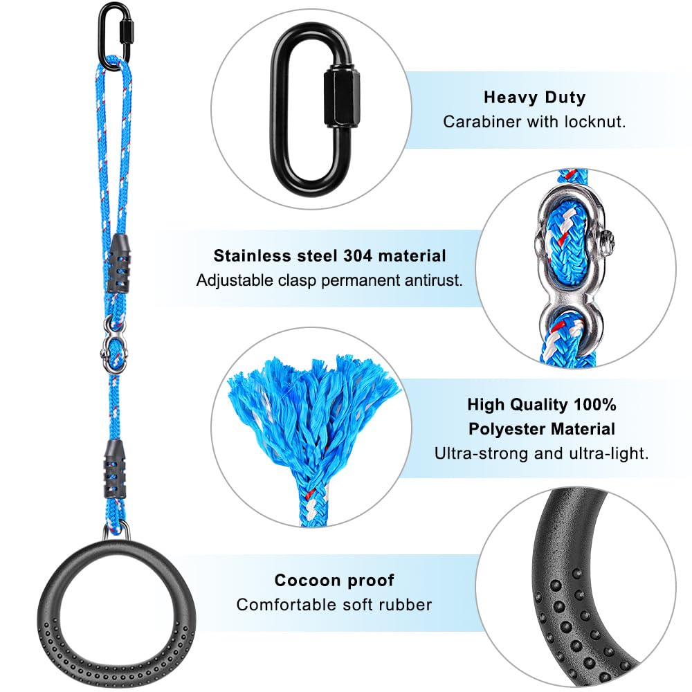 SELEWARE Trapeze Swing Rings, Non-Slip Gymnastic Rings Pull Up Exercise Rings with 3.5ft Adjustable Ropes for Home Gym Playground Ninja Warrior Obstacle Course Training Workout (Black, 2 Pack)