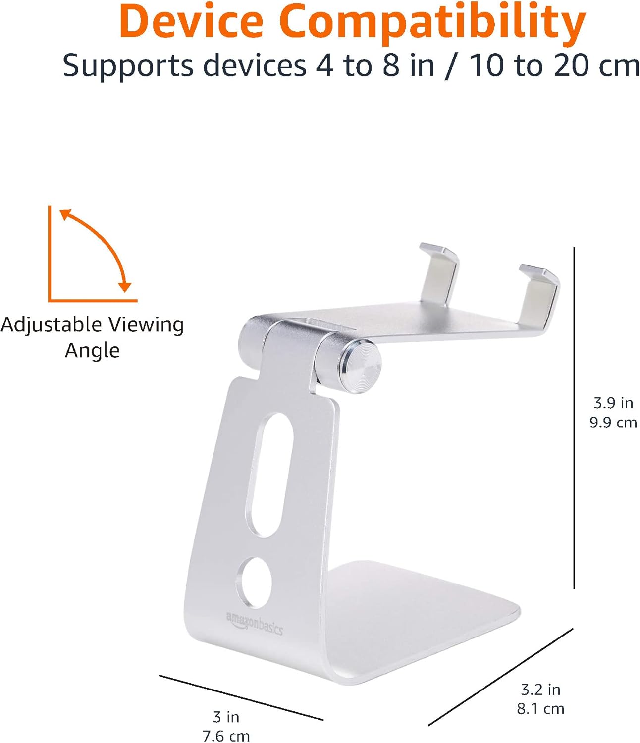 Amazon Basics 3.15 2.87 3.74 inch, Adjustable Aluminum Phone Stand for Cell Phones, iPhone and Android, Desktop Phone