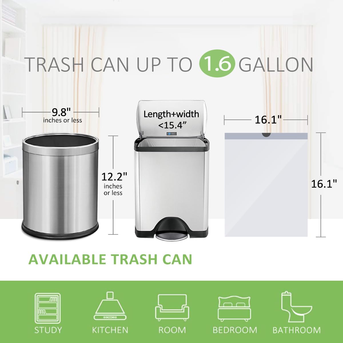 Teivio Strong Drawstring Trash Bags - 1.6 Gallon, 120 Counts | Durable White Liners for Home & Office
