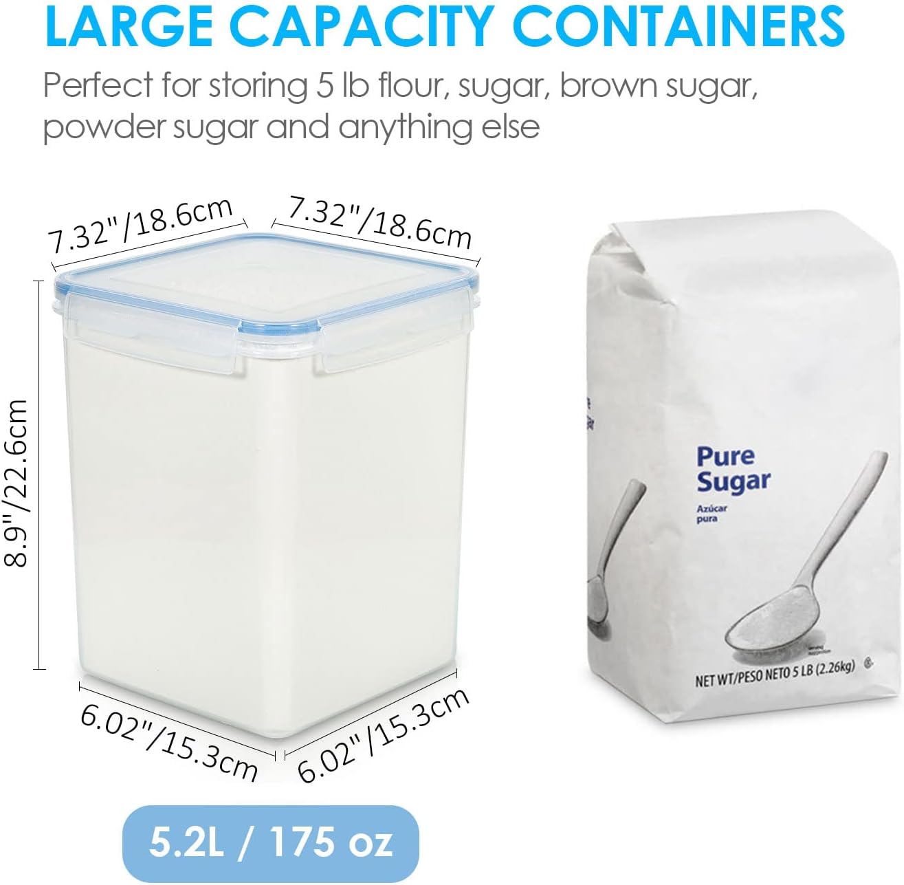 Vtopmart Large Food Storage Containers - 5.2L BPA-Free Airtight Canisters with Lids & Labels | 4-Pack in Blue