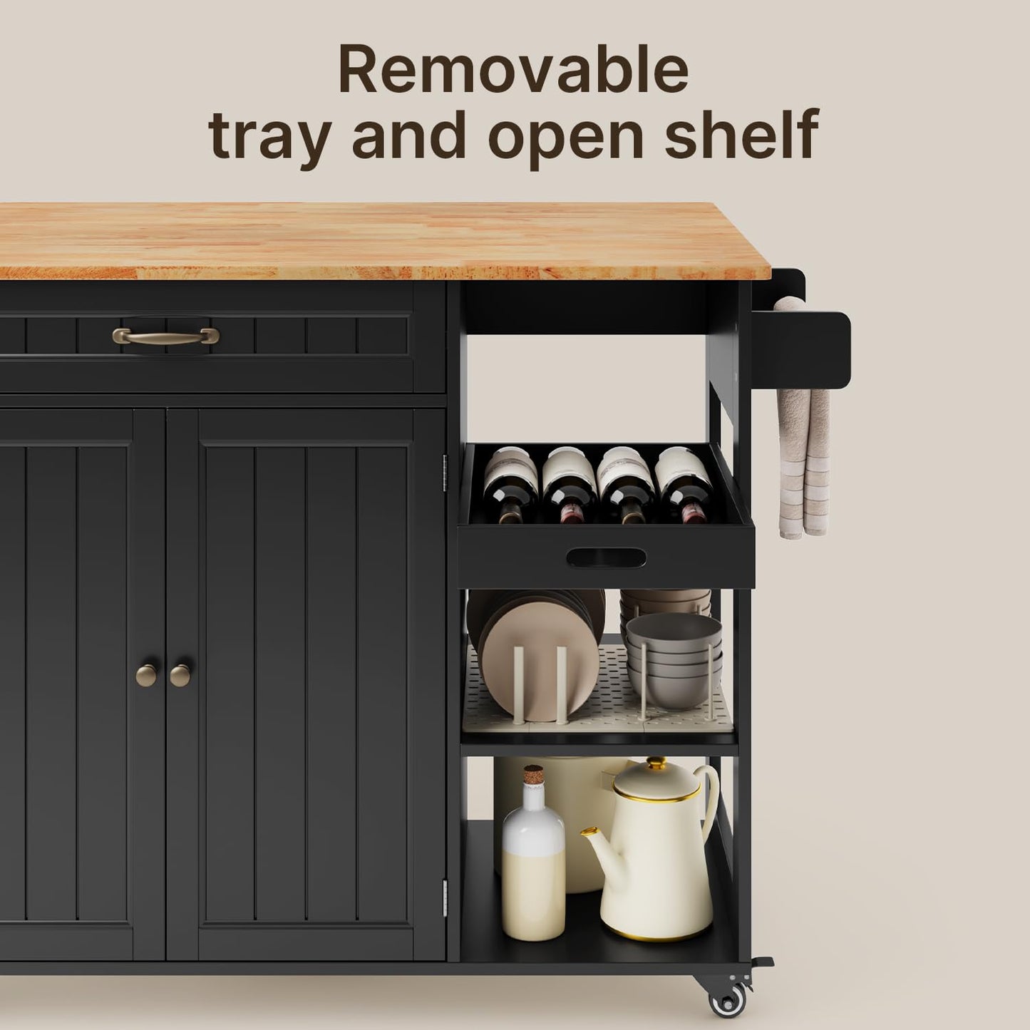 Gizoon Kitchen Island with Storage, Kitchen Island with Drop Leaf, 41.7’’W Rolling Dining Cart, Foldable Countertop, 5 Wheels, Refrigerator Door, Adjustable Shelves, Spice/Towel Rack, Black